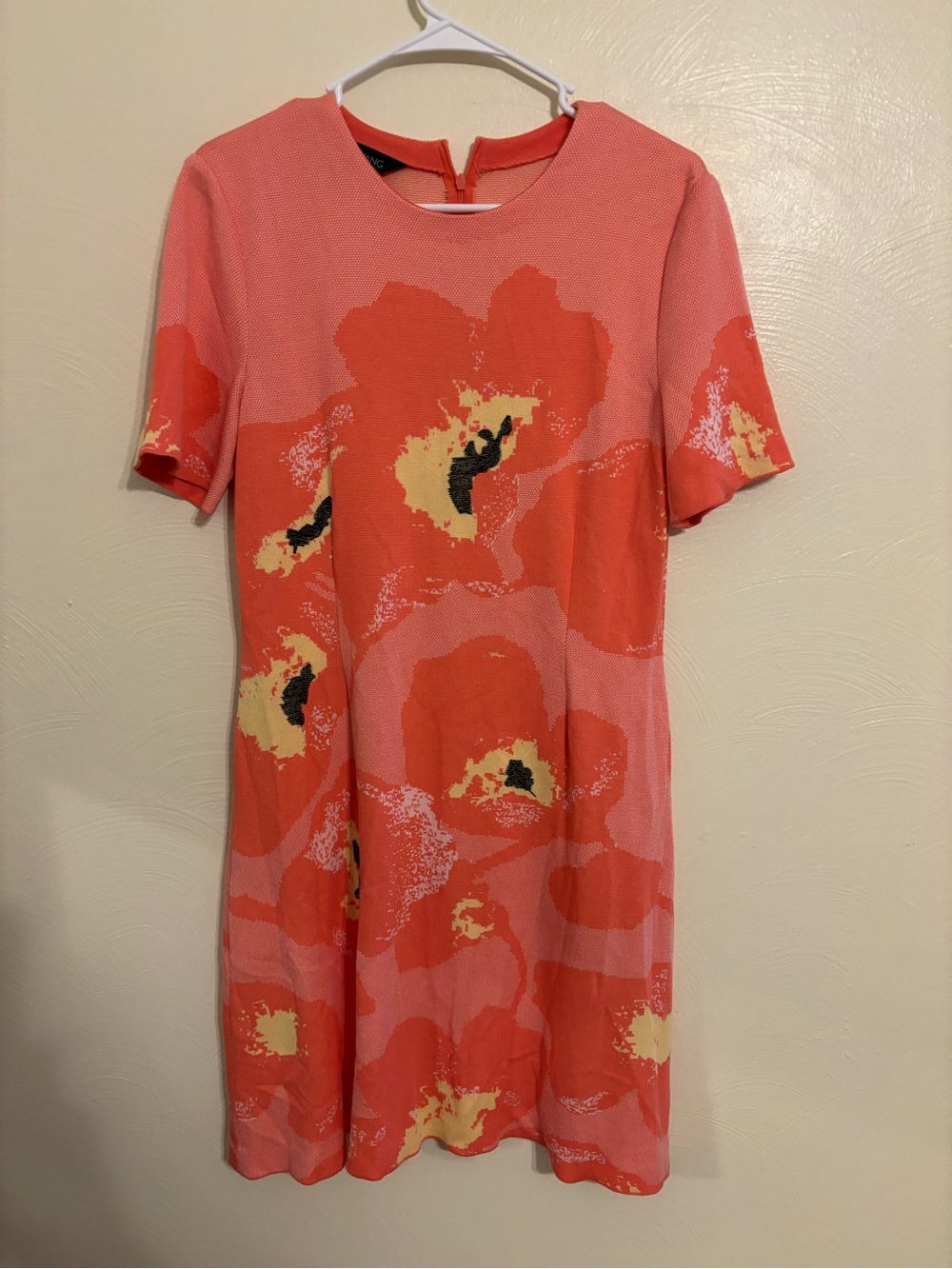 Ming Wang Medium Coral Floral Knit Shift Dress Short Sleeve Career Cocktail